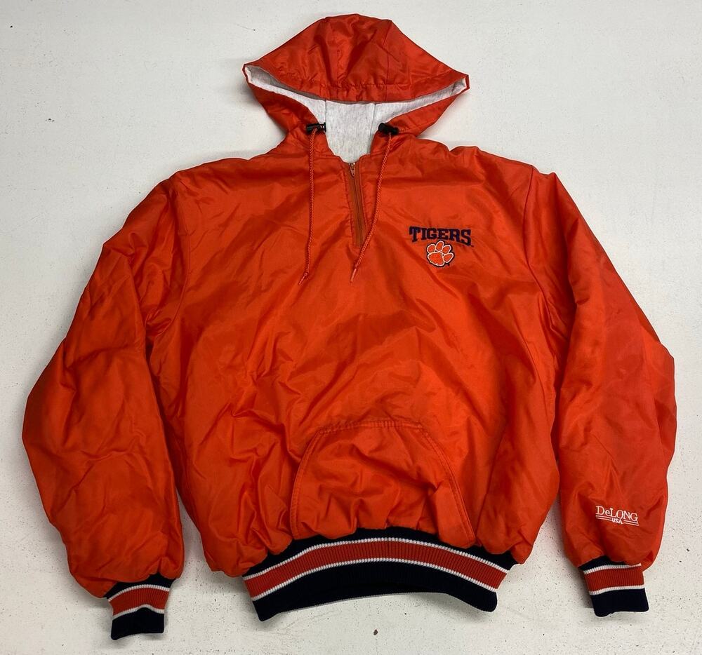 VTG 90s DeLong USA Clemson Tigers nylon fleece lined hooded windbreaker jacket - Picture 1 of 4